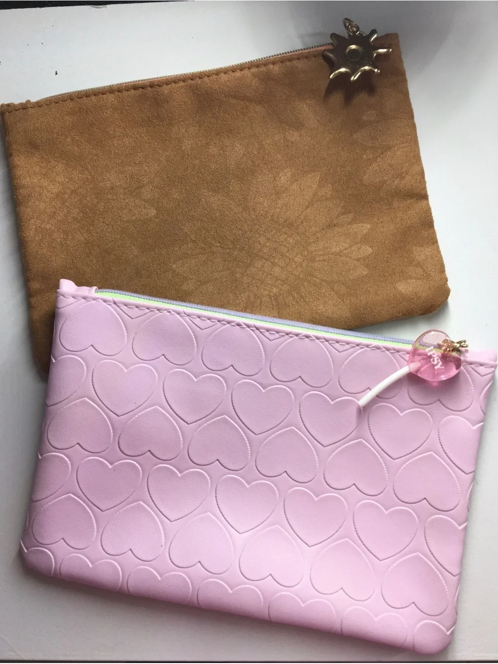 ipsy Pink Embossed Heart Zip Pouch with Gold-Tone Charm